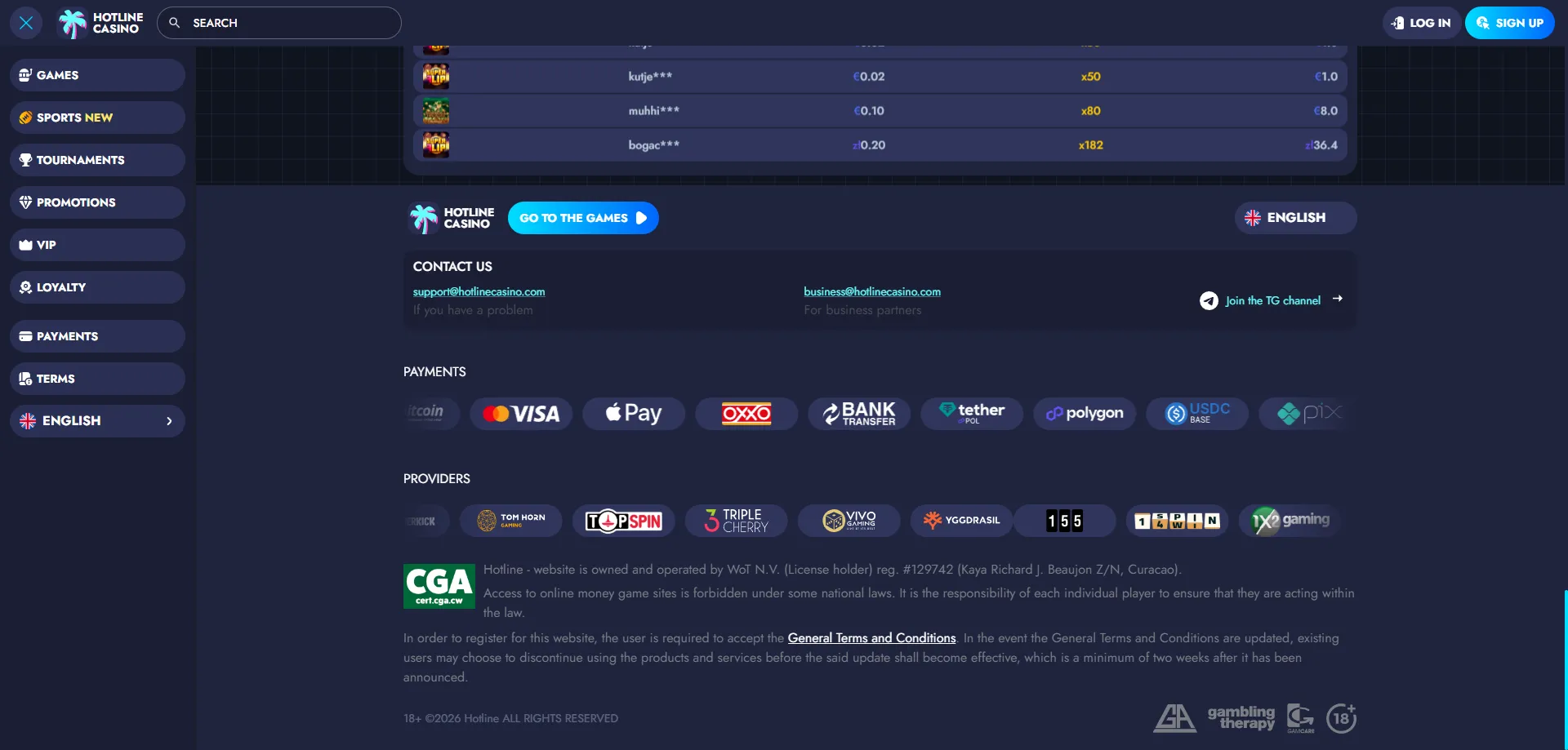 Hotline Casino mobile app and browser interface for iOS and Android players